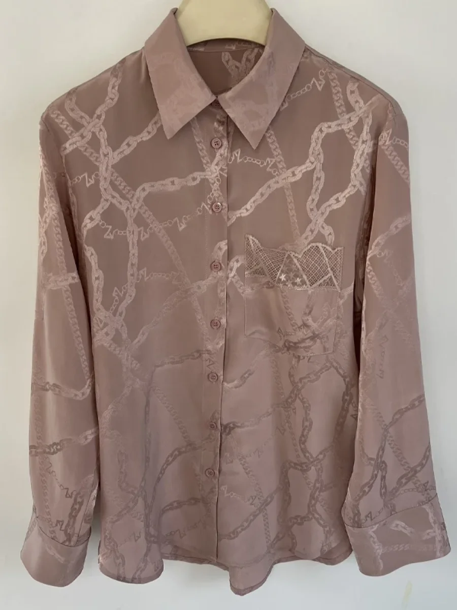 Spring 2025 Women Pink Silk Shirt Chain Printed Lace Spliced Pocket Single Breasted Turn-down Collar Long Sleeve Fashion Blouse