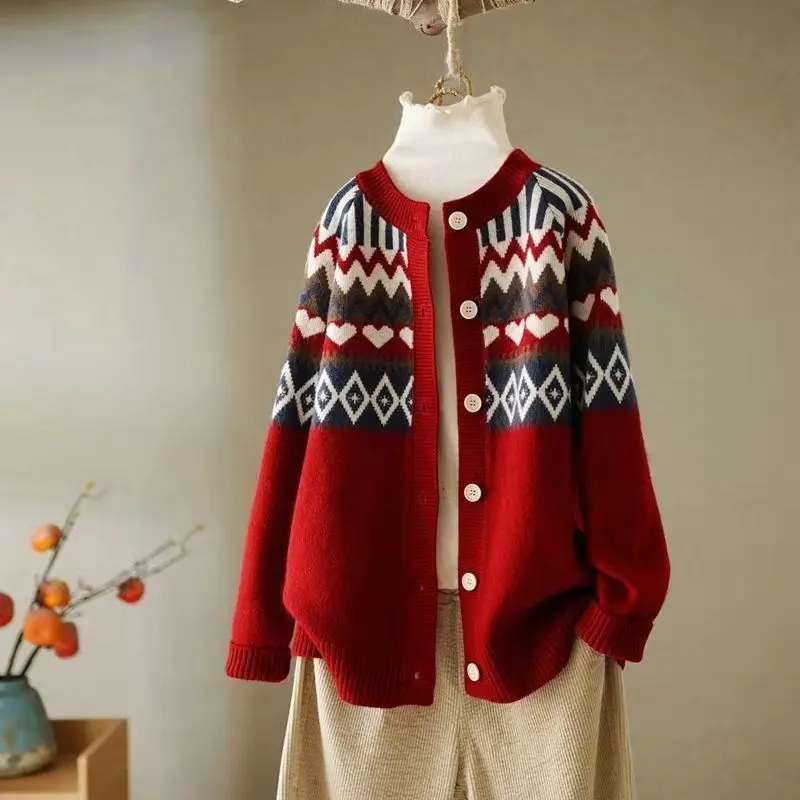 Fashion Women Knitted Sweaters Coat Geometric Jacquard Autumn Winter Korean New Long Sleeve V-Neck Button Cardigans Casual Tops