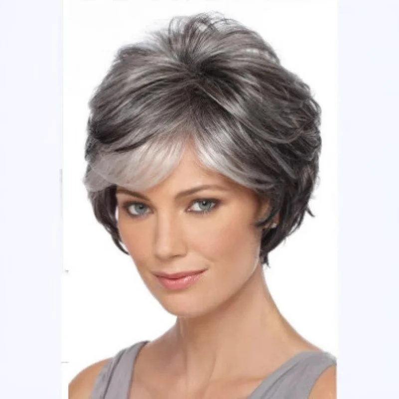 

European and American Style , Gray Brown Gradient Short , Machine-Made Synthetic Hair Wig for Women