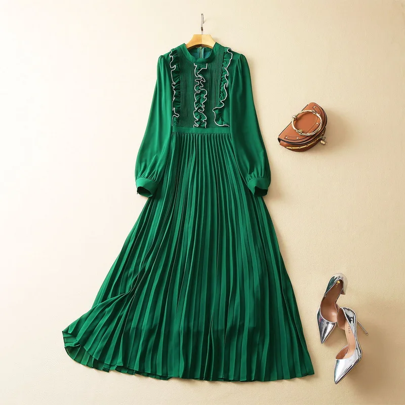 

European and American women's wear for winter 2022 Long sleeve standing collar green agaric edge Fashion pleated dress XXL