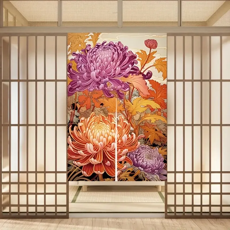 1pc Chrysanthemum flower pattern door curtain, polyester fabric machine washable, suitable for restaurant and kitchen decoration