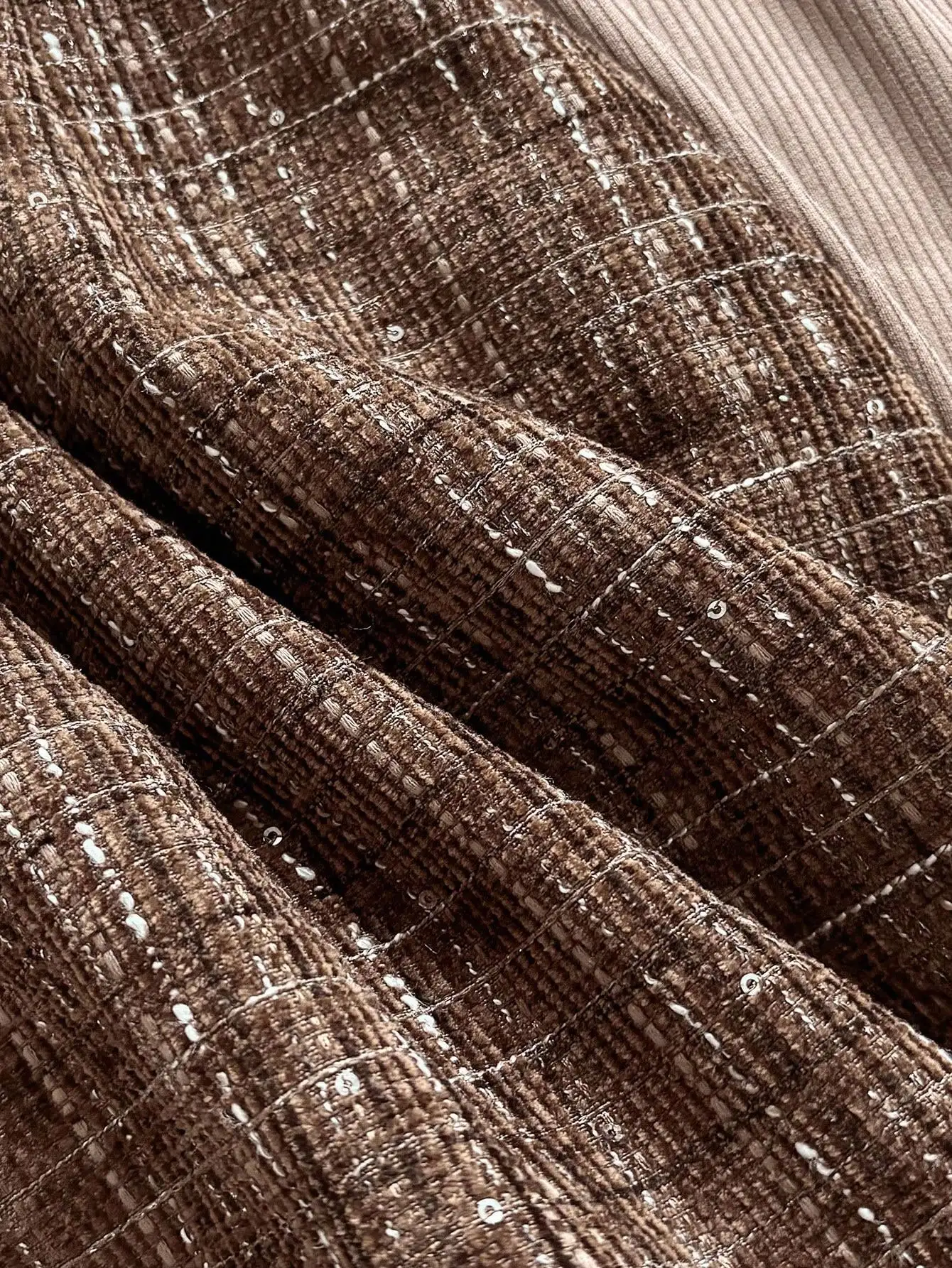 Brown Tweed Plaid Skirt & Ribbed Square Neck Top 2-Piece Set with Belt