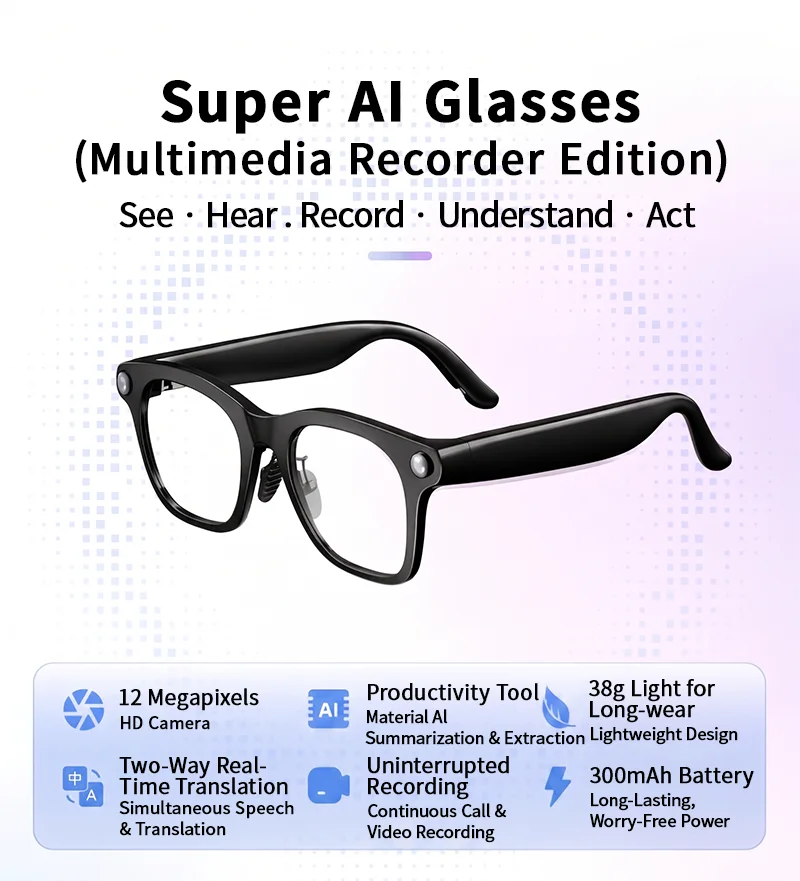 Smart Glasses with Camera, AI Glasses with 12MP HD Camera & 1080P Video Recording，Control Photoc hromic Lenses, AI Translation