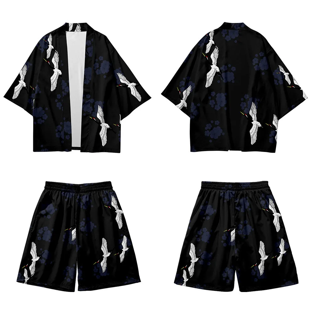 Two-piece Suit Kanagawa Wave Crane Harajuku Black Kimono Shorts Sets Yukata Japanese Cardigan Women Men Cosplay Loose Haori