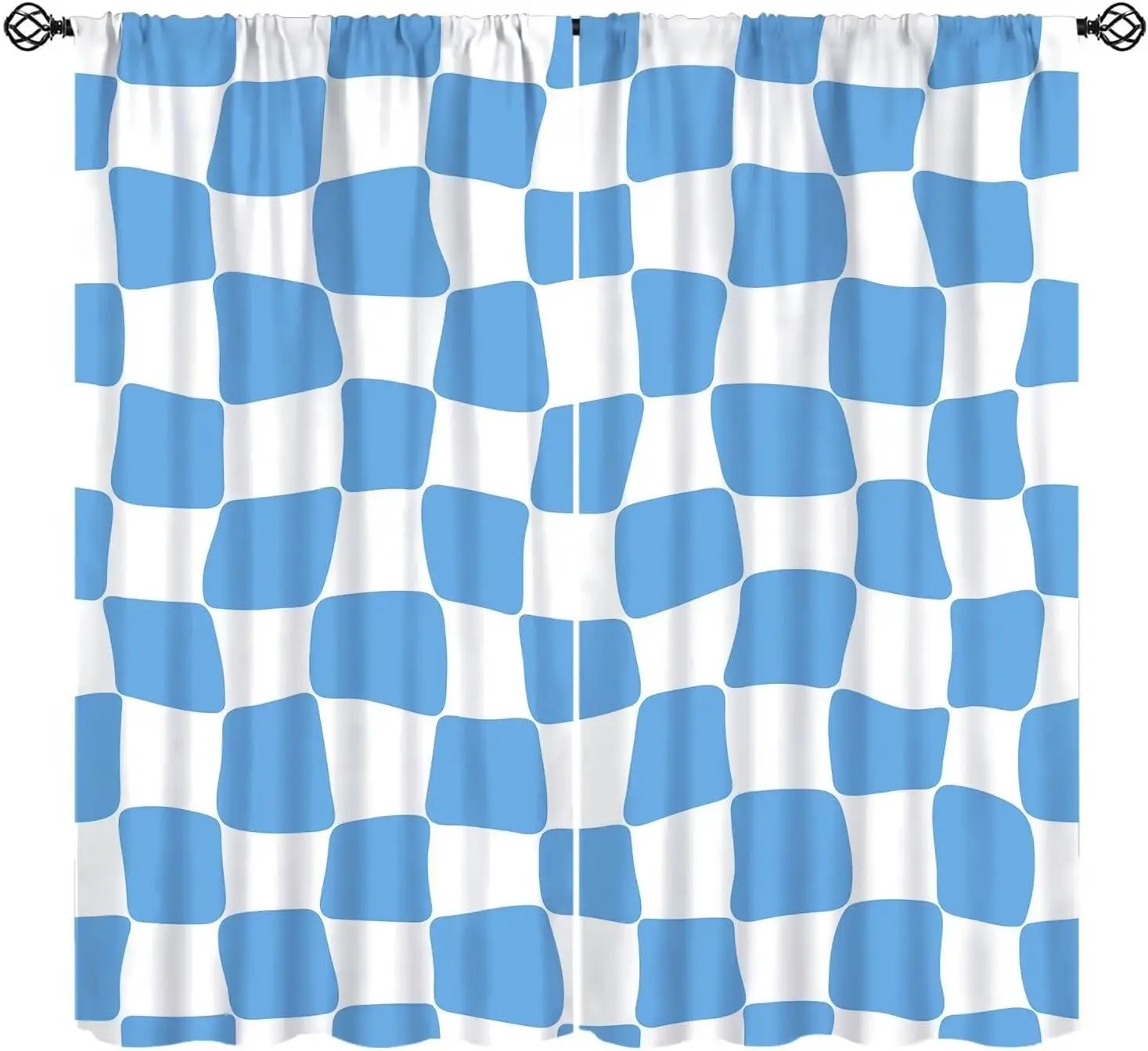 Cute Distorted Blue White Check Curtains, All Over Soft Wavy Irregular Square Grid Pastel Print for Kids Bedroom Balcony Living