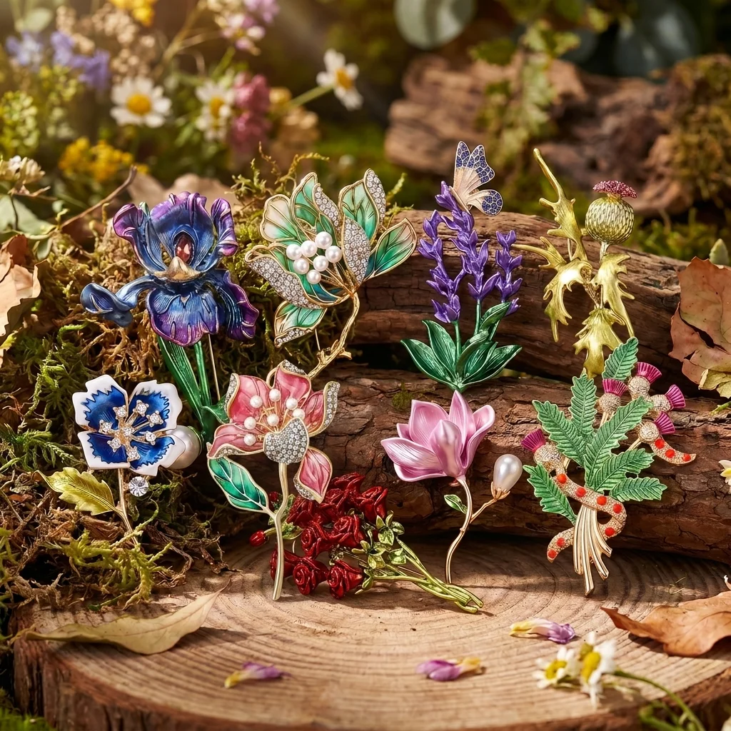 

Classic Enamel Flower Brooches for Women Unisex Rhinestone Plant Pins Keychain Office Party Friend New Gifts Jewelry Accessories