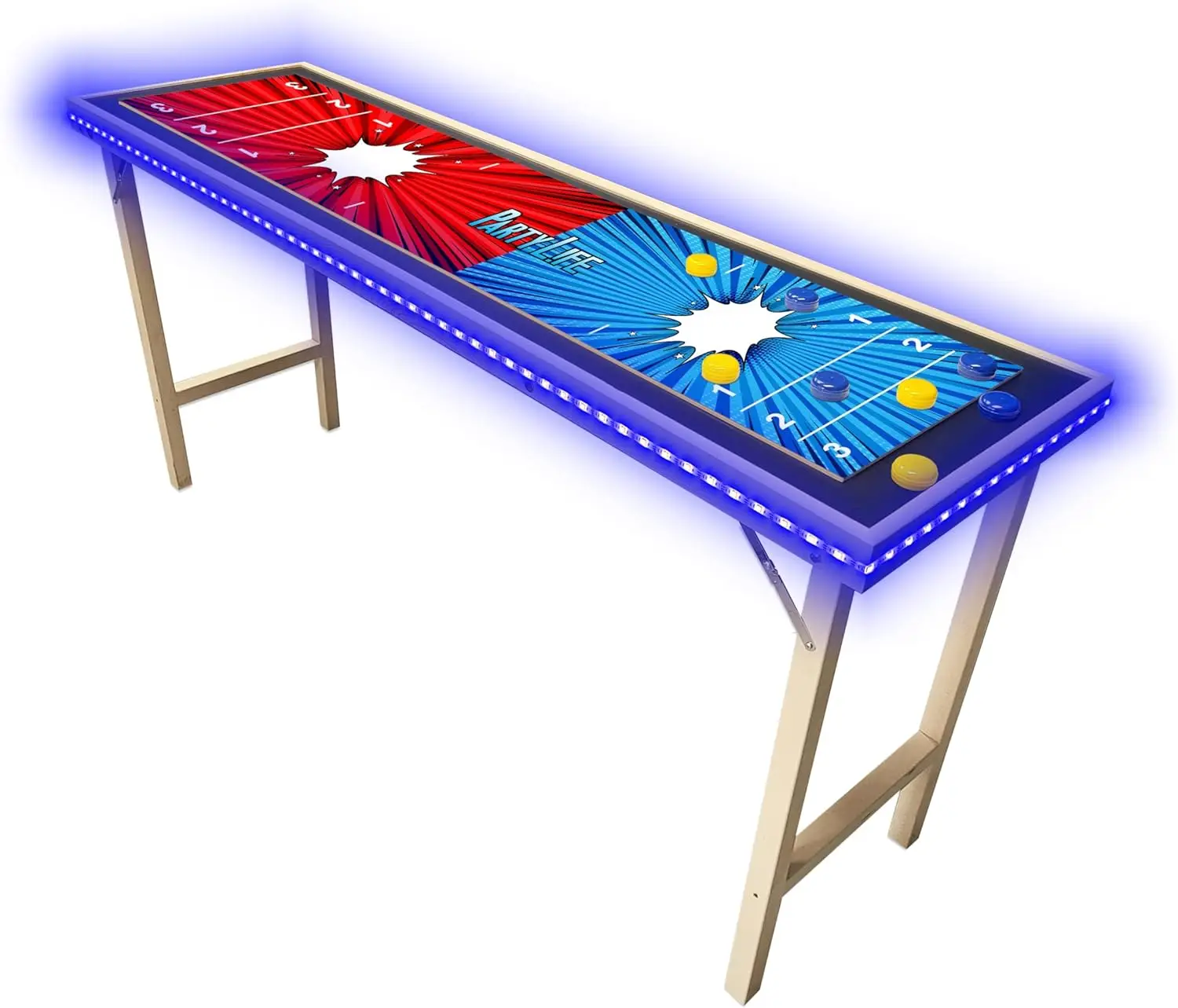 Premium Shuffleboard Table w/Folding Legs, Pucks, and Optional LED Lights - Awesome Graphics - Choose Your Model