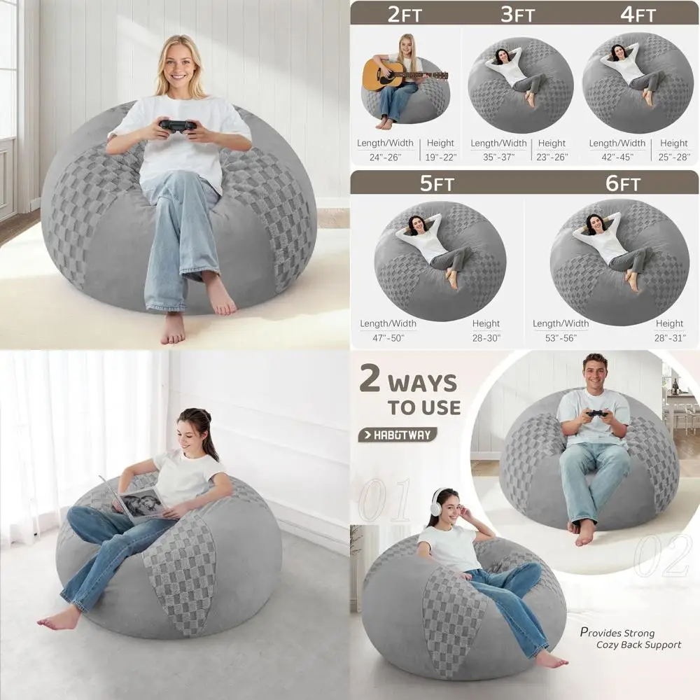 Memory Foam Filled Teardrop Bean Bag Chair with Removable Cover, Ideal for Living Room or Bedroom - Light Grey Checkboard