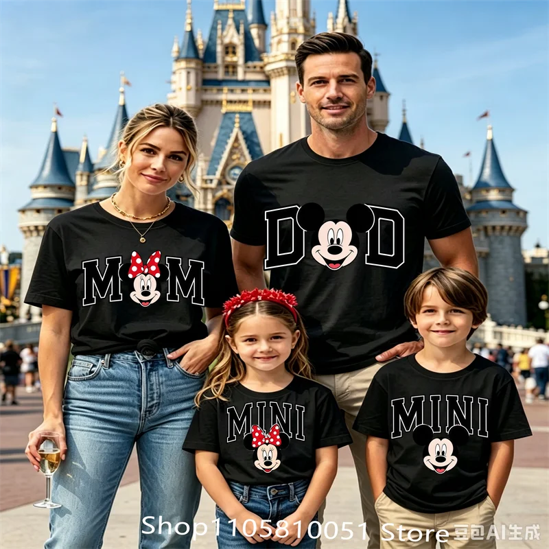 Mom Dad Mini Family Matching T‑Shirts, Cute Mickey Minnie Mouse Print Tees, Family Holiday Vacation Matching Outfit