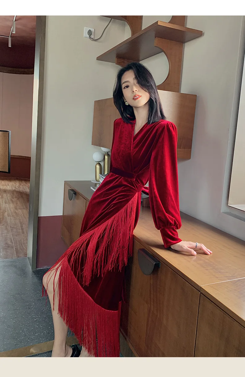 Elegant Burgundy Velour Nightgown Sexy Tassel Sleepwear Women Autumn Winter Nightwear Long Velvet Warm Homewear Loungewear