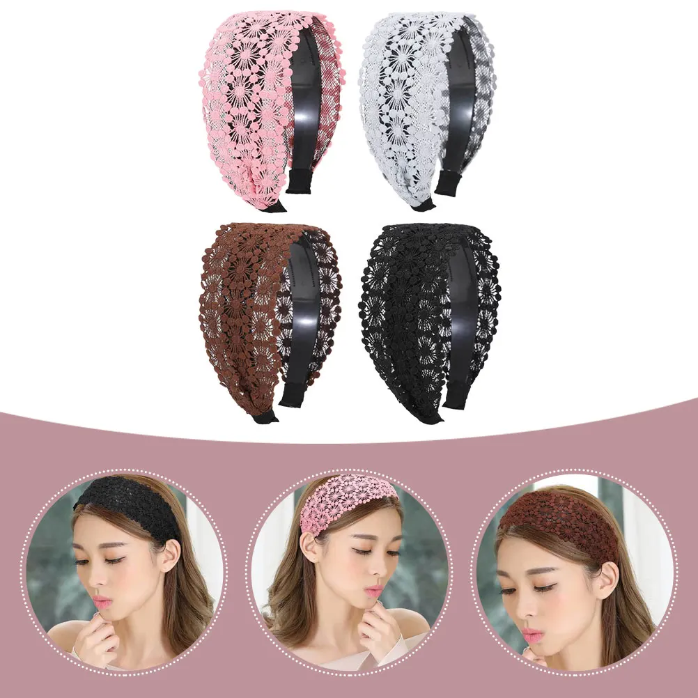 

4pcs Anti-Slip Wide Headbands Women Girls Hair Accessories Pink Gray Colors Lace Headdress
