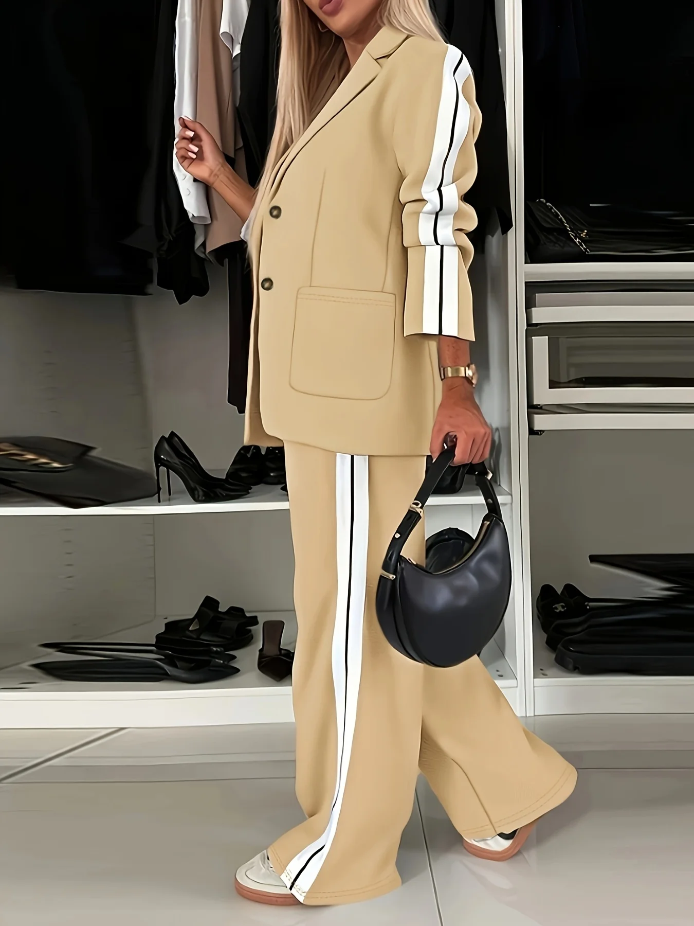 Women's Elegant Black and White Striped Sports-Style Blazer with Front Button Design, Paired with Wide-Leg Pants and Pocket Details
