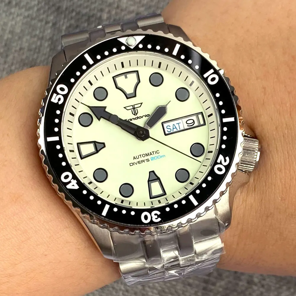 Tandorio Diving MechanIcal Watch Men SKX 3.8 Steel Wristwatch Fully Green Luminous S NH36 Weekday Movement White Chapter Ring