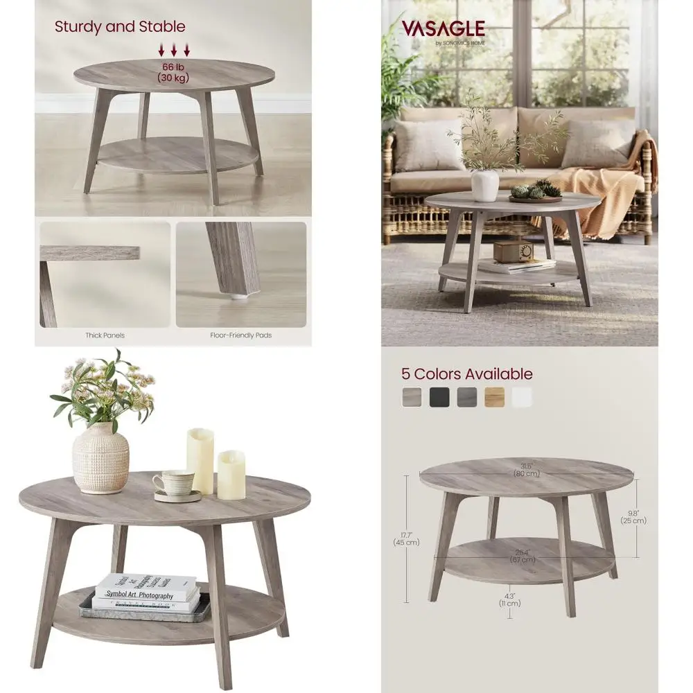 

2-Tier Storage Coffee Table with Tapered Legs, 31.5 Diameter x 17.7 High, Heather Greige, for Living Room