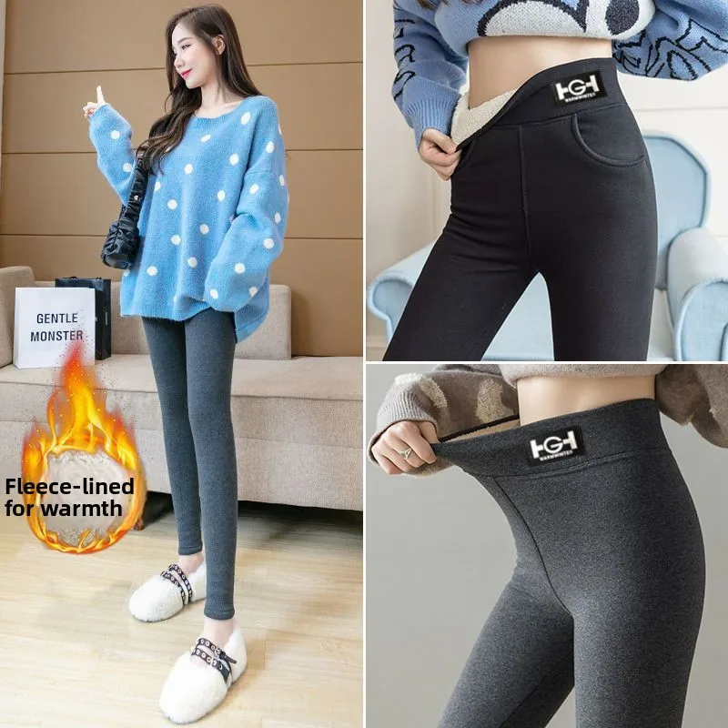 Extra Thick Fleece Lined Autumn Winter Leggings Women's Black Large Size Cotton Pants Grey Tight Warm Trousers Base Layer