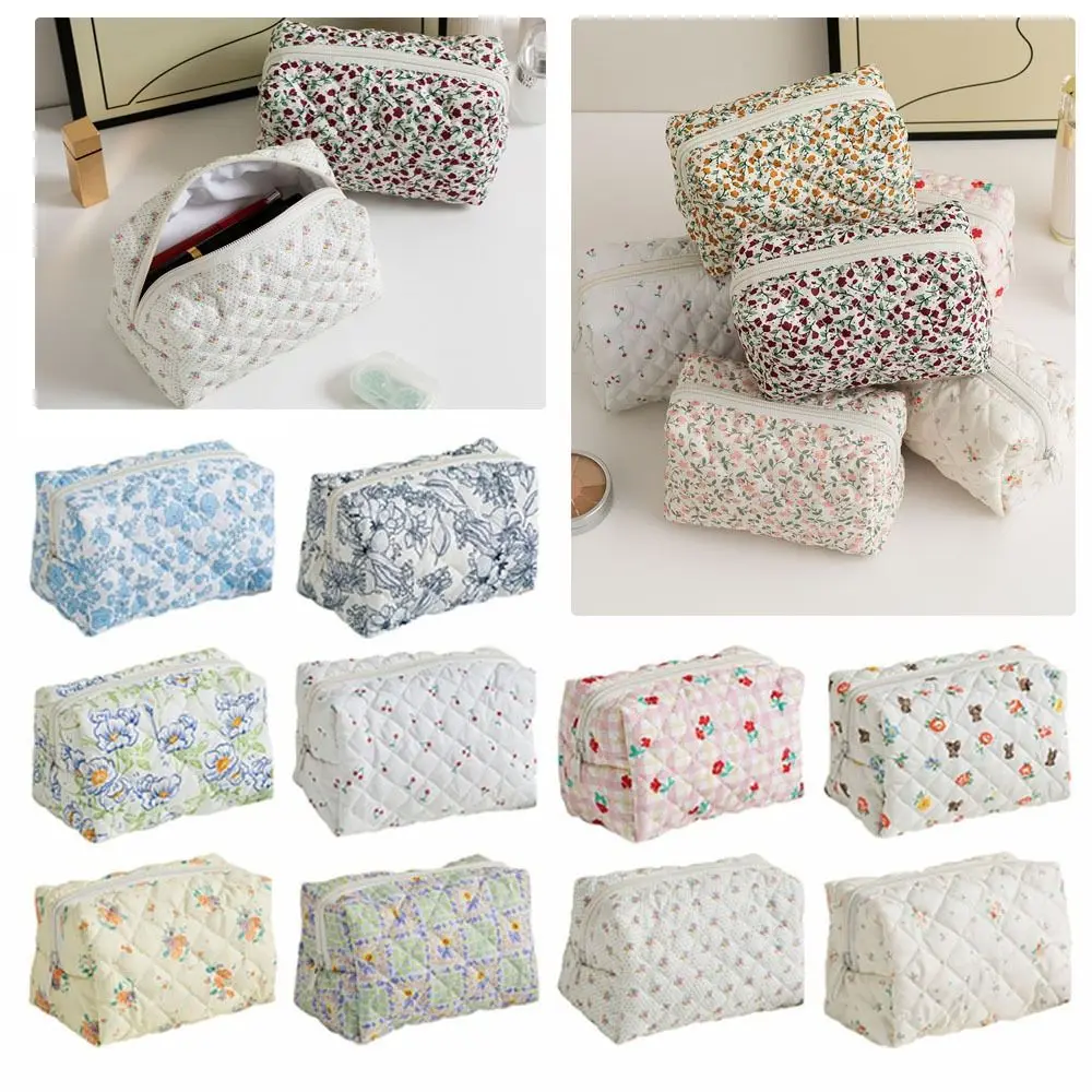 Flower Printed Floral Puffy Quilted Makeup Bag Cosmetic Bag Travel Organizer Toiletry Bag Storage Bag Washbag