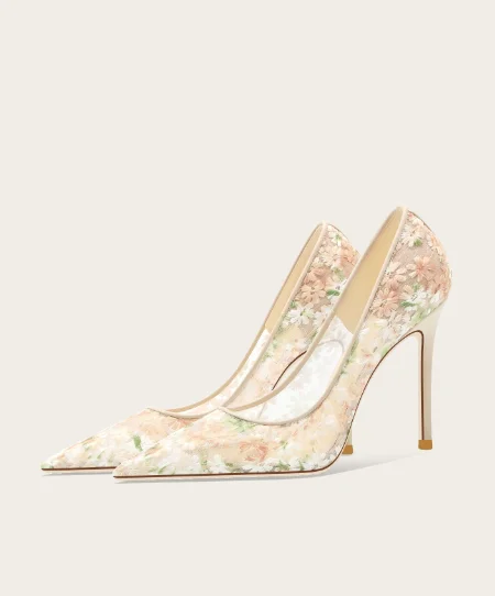 Little Fresh Daisy Floral Mesh High Heels Women Embroidered Lace Girl Sensation Gentle Fairy Style Single Shoes Dress Shoes
