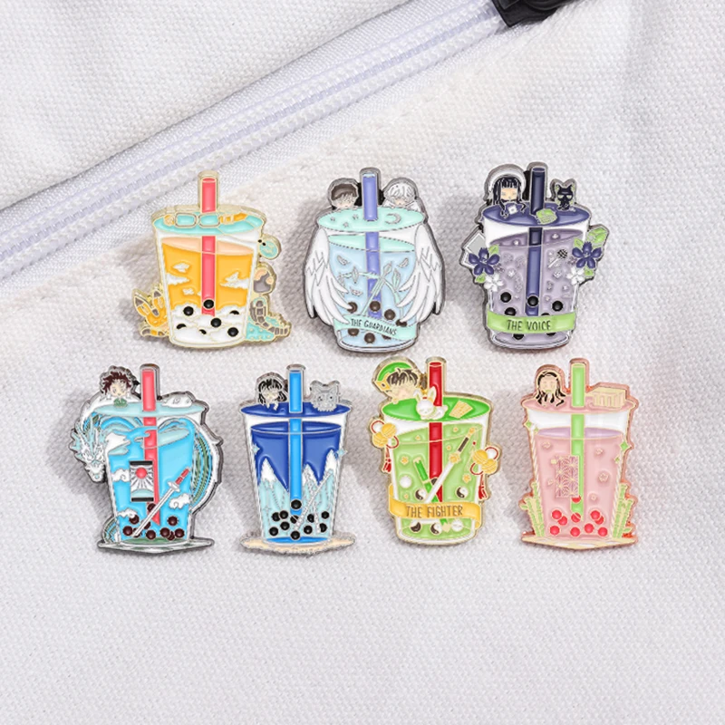 Milk Tea Strawberry Yamagawa Wave Dragon Wings Milk Tea Cup Metal Badge Punk Pins Jewelry Gift Cute Drink Enamel Pin Blueberry