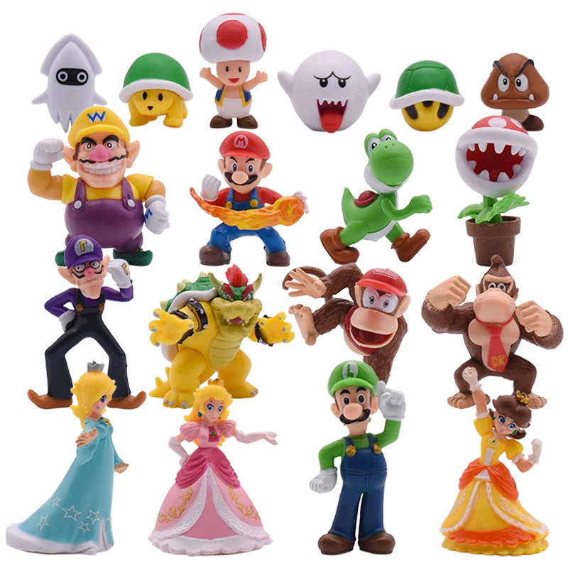 

18PCS Super Bros Action Figures Green Treasure Mushroom Peach Princess Luigi Donkey Kong PVC Model Birthday Gift Sets