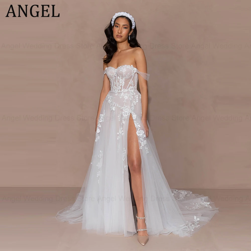 

ANGEL Elegant Off Shoulder Wedding Dress For Women Customized Sweetheart Lace Applique Bride Party Romance Tulle Backless