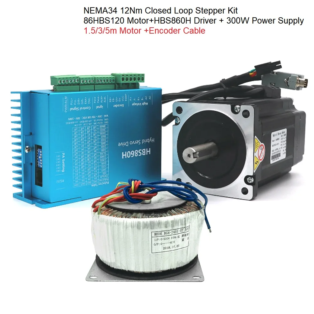 NEMA34 12Nm Closed Loop Stepper 86HBS120 Motor+HBS860H Driver + 300W Power Supply Kit with 1.5/3/5m Cables for CNC Application