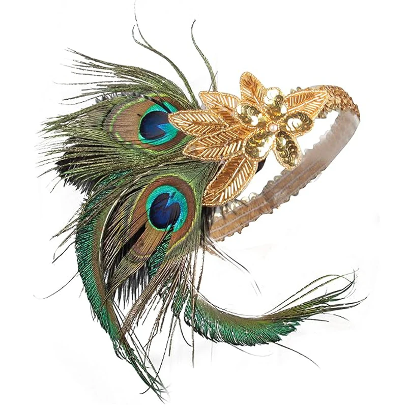 1920s flapper bandana para mulher pena preta gatsby headpiece para traje elástico 20s pena headbands menina