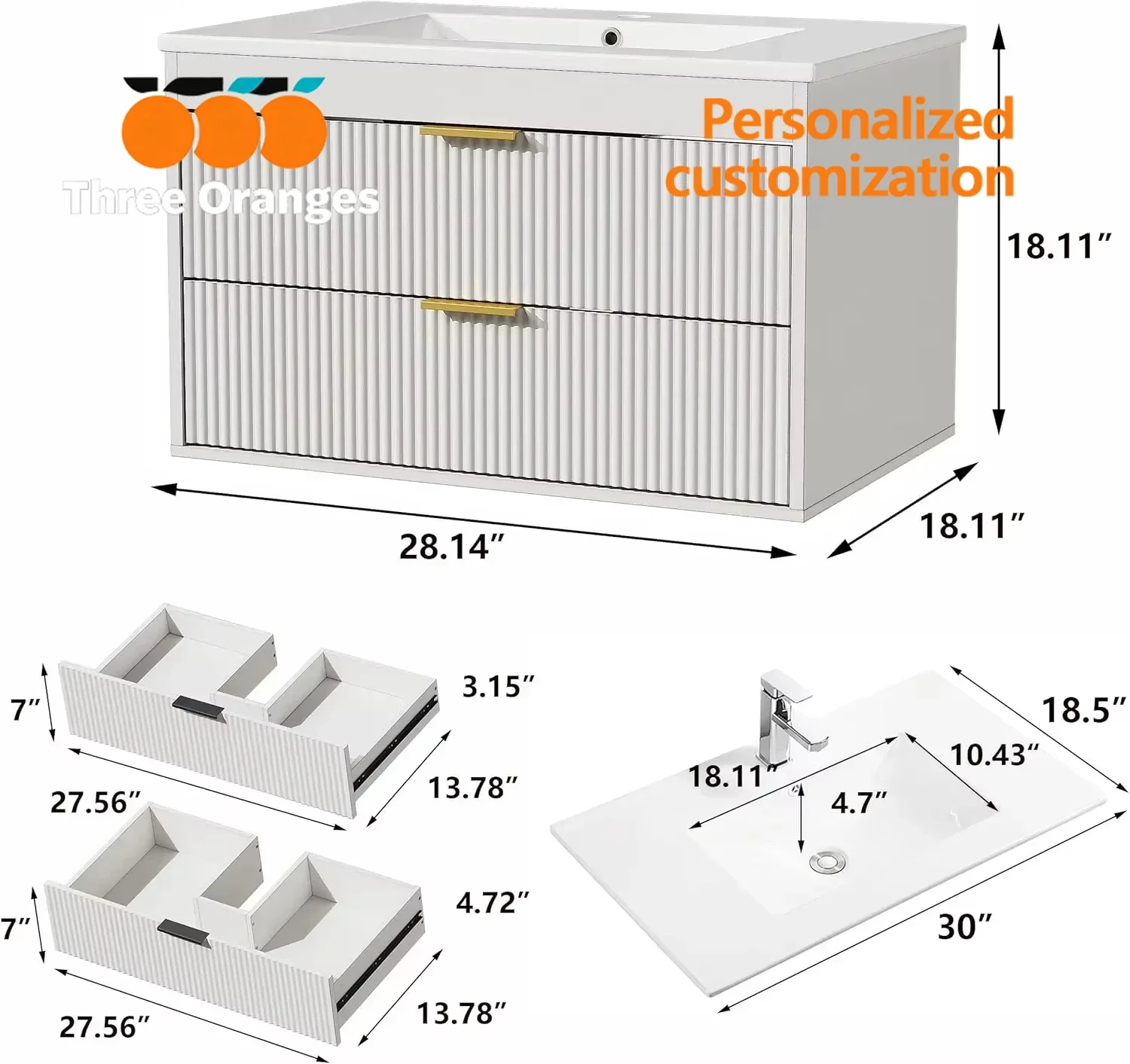 S178 Wall Mounted Bathroom Floating 60-210cm Vanity with Ceramic Sink 2 Drawers Soft-Close Doors - Modern Bathroom Vanities with