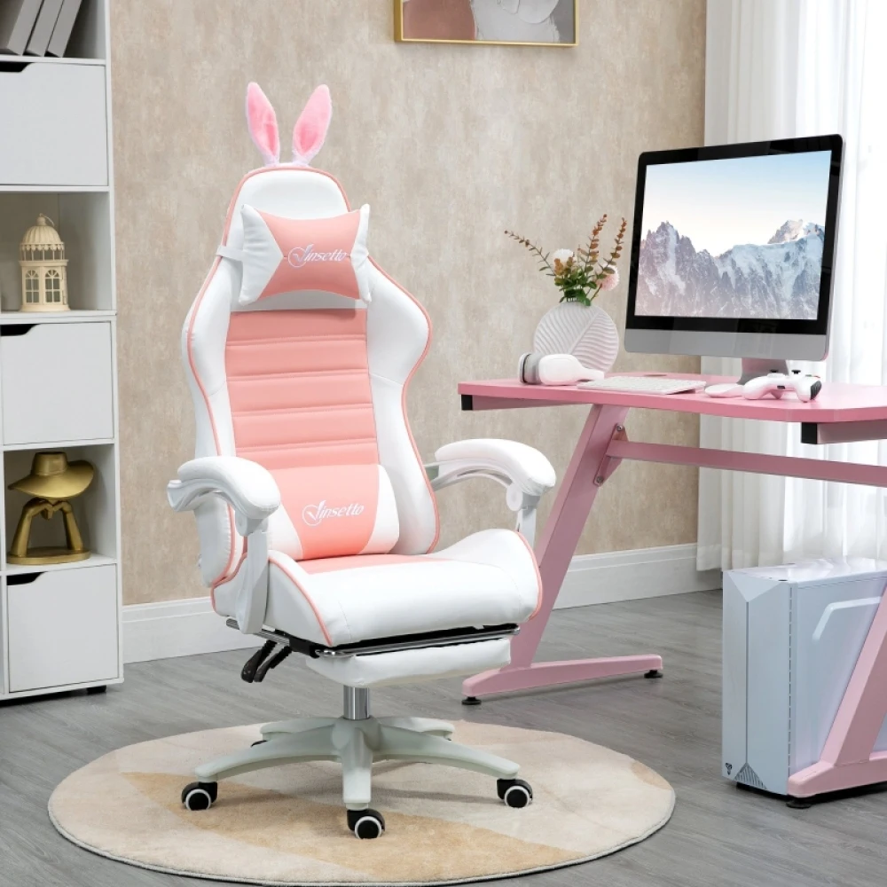 Chaise de bureau ergonomique de jeu en cuir PU rose et blanc avec oreilles de lapin, 65x63x136-142cm, avec repose-pieds rétractable, dossier inclinable à 135 degrés, hauteur de siège réglable, oreillers de tête et lombaires détachables, pivotant à 360°, charge maximale 120kg, pour le jeu