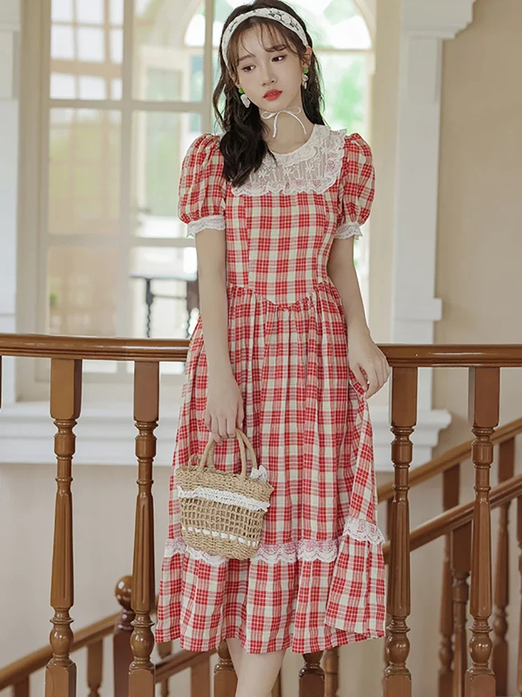 2025 Korean Fashion Casual Holiday Dresses Summer Red Plaid Puff Sleeve Chic Lace Casual Dress Women Elegant Bodycon Prom Dress