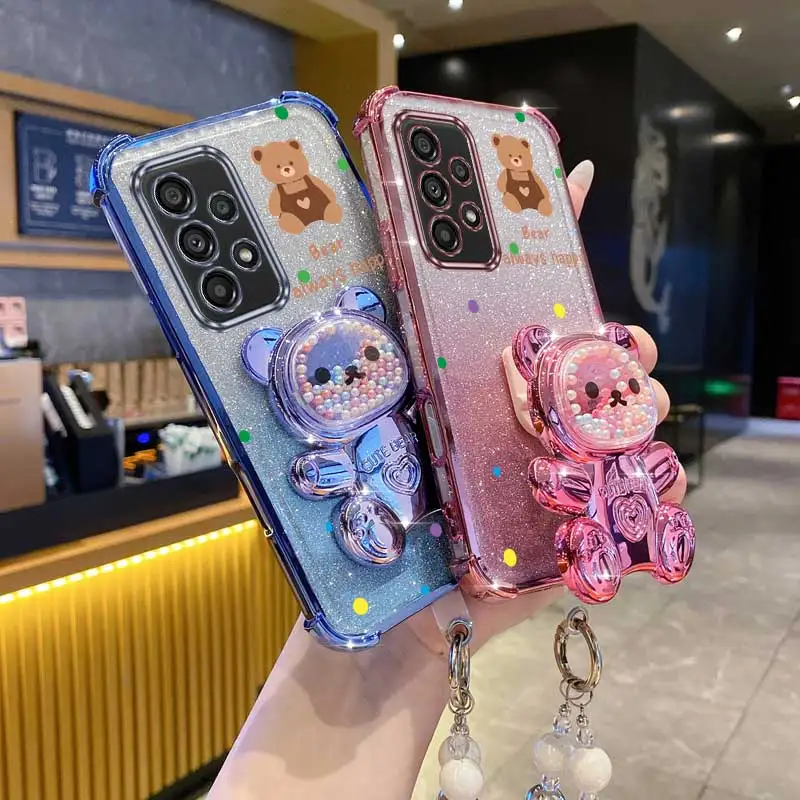 Pearl Strap Lanyard Glitter Strap Bear Phone Holder Case On For Samsung Galaxy A32 A33 A52 A53 A73 A51 A23 4G 5G Stand Cover