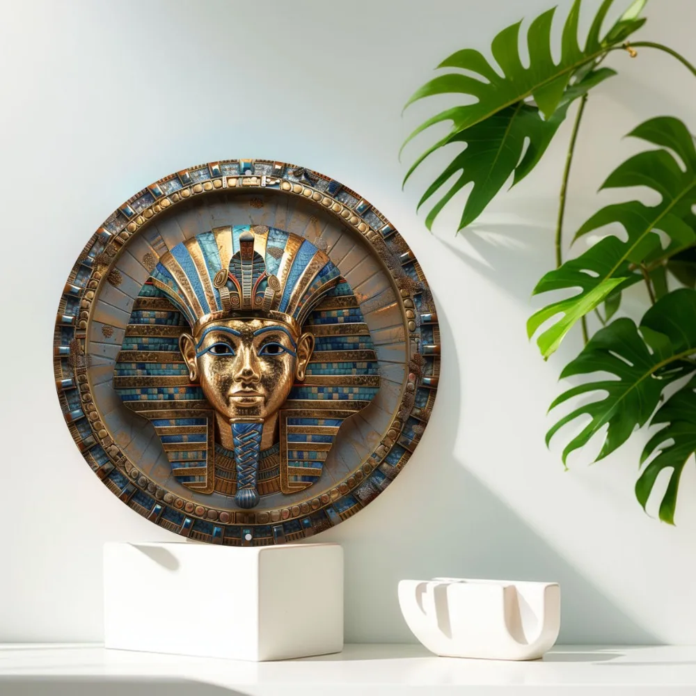 Art Deco Metal Wall Art Decor, Round Egyptian Queen Mask Theme, Aluminum Flat Sign, Durable Office/Home/Door Decoration