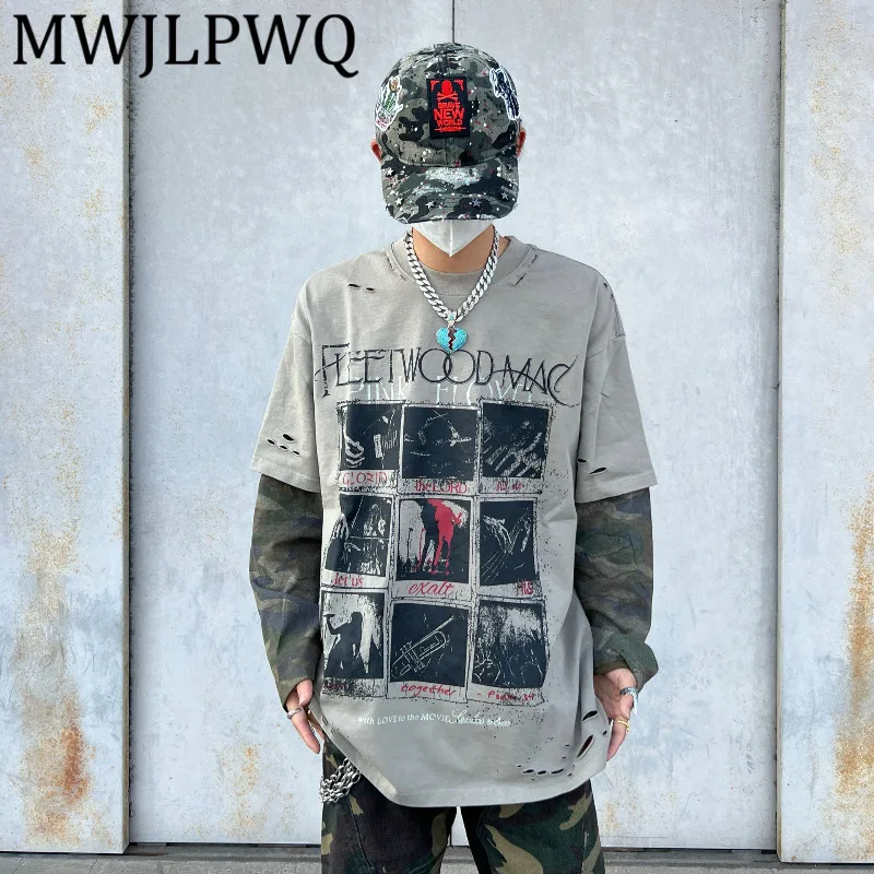 

MWJLPWQ Американский уличный стиль, поддельная двухсекционная винтажная футболка с длинным рукавом, мужская камуфляжная потертая ниша, повседневный топ унисекс 12476