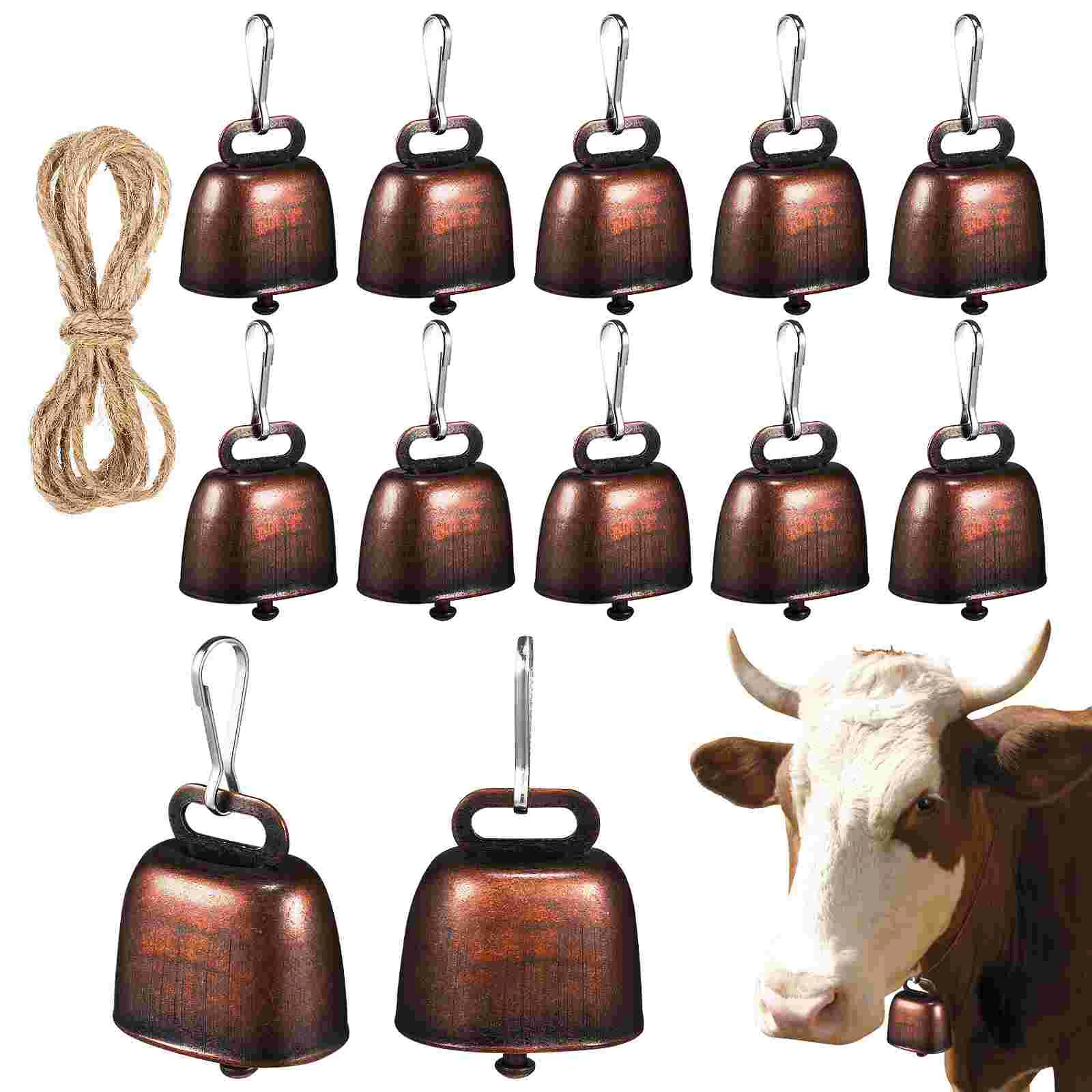 12 Pcs 35MM Cow Bells 25MM Green Buckles 2M Rope Set Electroplated Loud Sound Farm Animal Bell