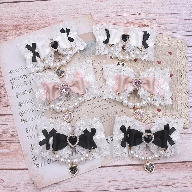 

Японская заколка для волос в стиле кавайи с бусинами, милый боковой декор, заколка-барретка в стиле лолита с кружевным бантом и подвеской со стразами