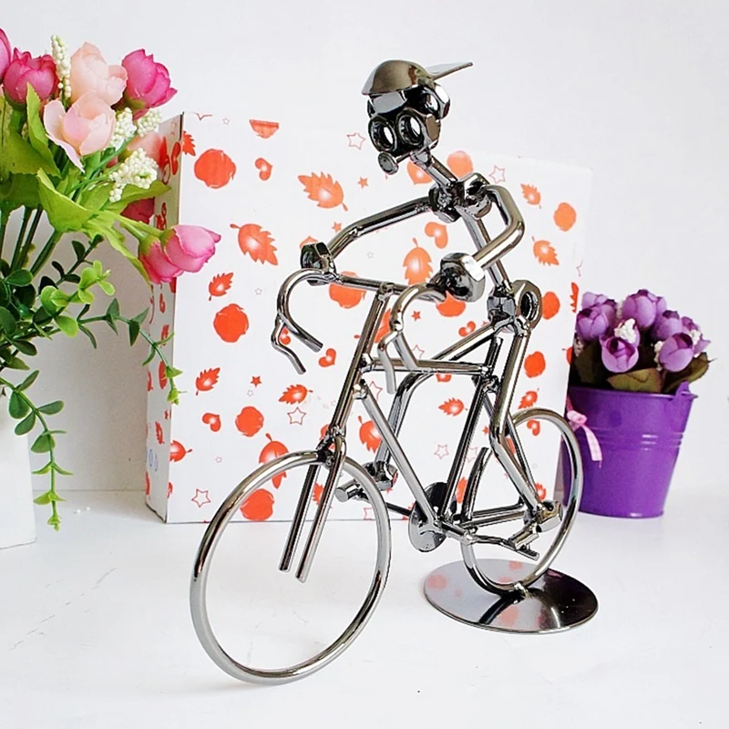 Silver Retro Cyclists Model Iron Art Metal Bicycle Ornament A Man Riding Bike Statue Figurine For Home Library Desk Decoration