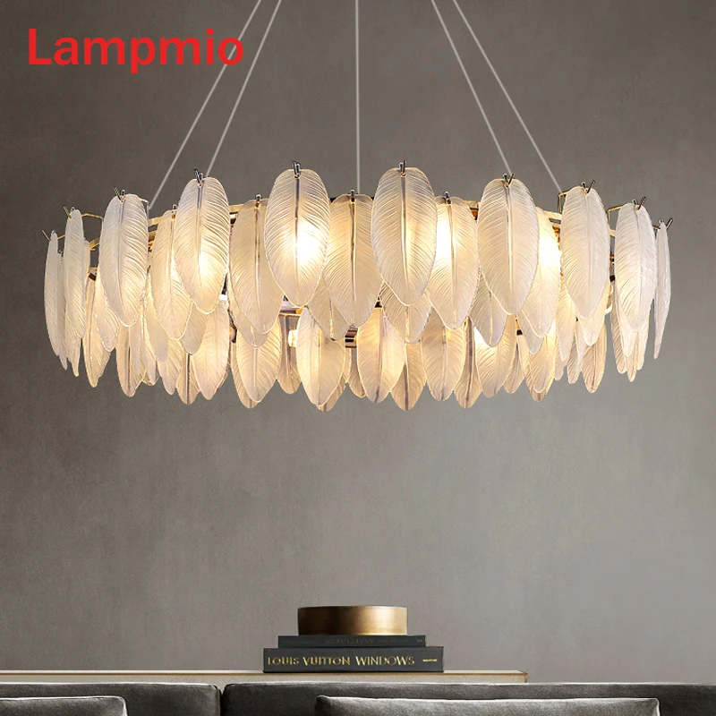 

Designer Chandelier With White Leaf Shaped Glass For Living Room Round 60CM 80CM 1M Wire Pendant Lustres Dining Lights