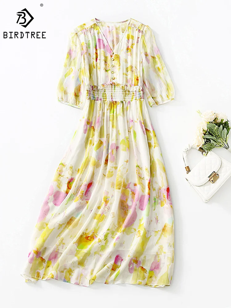 

Birdtree 100%Pure Silk Elegant Dresses For Woman V-Neck Floral Print Midi Dress Vacation Party Summer Autumn New D38564QM