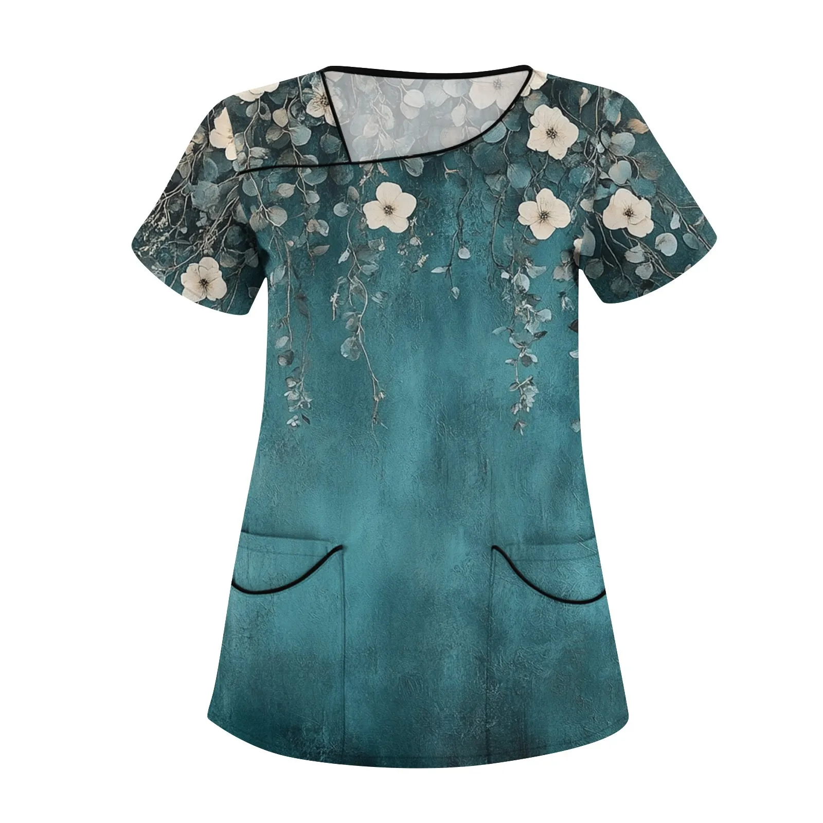 Women's Oversized Breathable Casual Floral Printed Short Sleeve Sloping Collar Workwear Top with Pockets Comfy Working Uniform