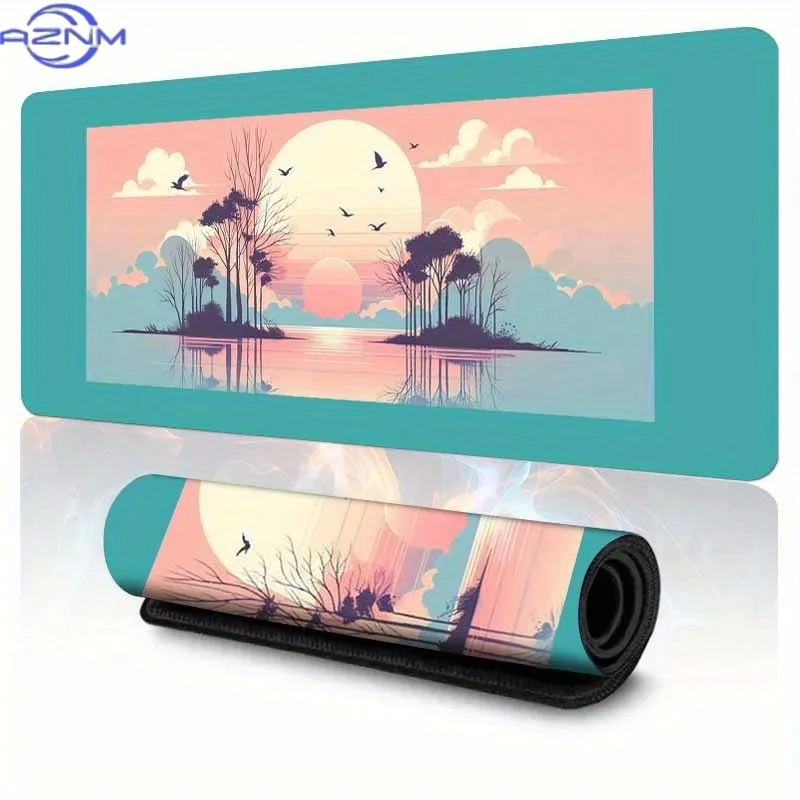 1pc Serene Sunset Lake Mouse Pad & Desk Mat - Non-Slip Washable Suitable for PC Gaming Desk, Thick Rubber Base & with Scenery De