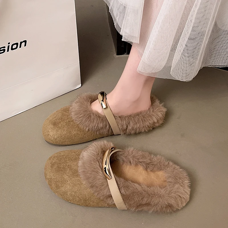 

French Retro Metal Buckle Plush Shoes for Women Autumn Winter New Fashion Splicing Half Slippers Chic Leopard Print Warm Flats