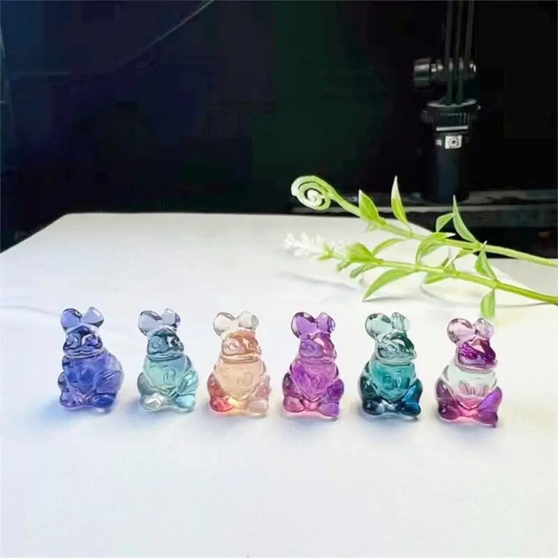 

5pcs Natural Rainbow Fluorite Rabbit Crystal Carving Cute Animal Mini DIY Pendant Gemstone Collection Gift 18mm