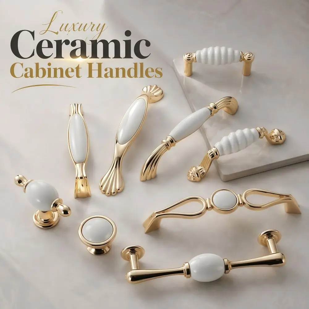 Elegant Ceramic Cabinet Handles 96mm 128mm Smooth Gold Drawer Pulls Vintage Classic Cabinet Door Knobs Furniture Hardware