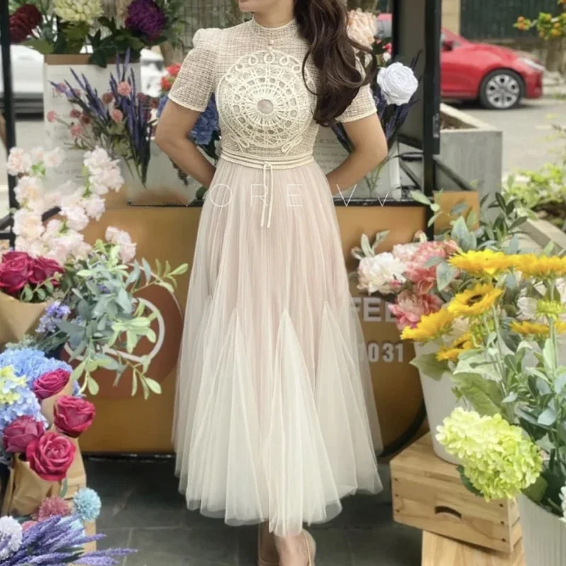 

Summer Apricot Lace Dress for Women Party Embroidery Flower Vintage Clothing Bodycon Luxury Design Mesh Patchwork Vestido