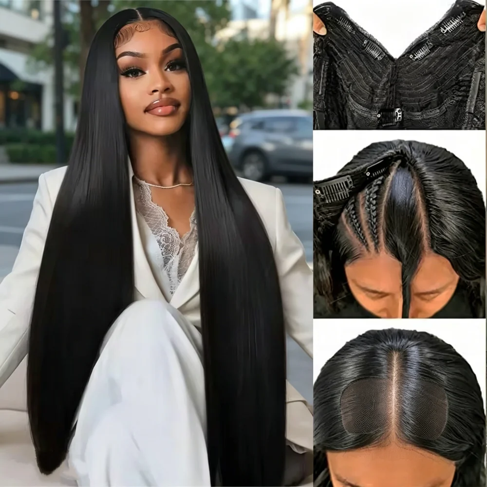 

Full Machine V Part Straight Human Hair Wigs for Women Remy Hair Brazilian Natural Color No Leave Out Upgrade U Part Wigs