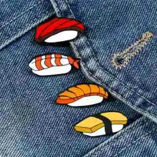 Colorful Sushi Enamel Pins Art and Denim Fashion Chic Vibes To Your Outfit with Tuna, Shrimp, Salmon, and Tamago Sushi Designs