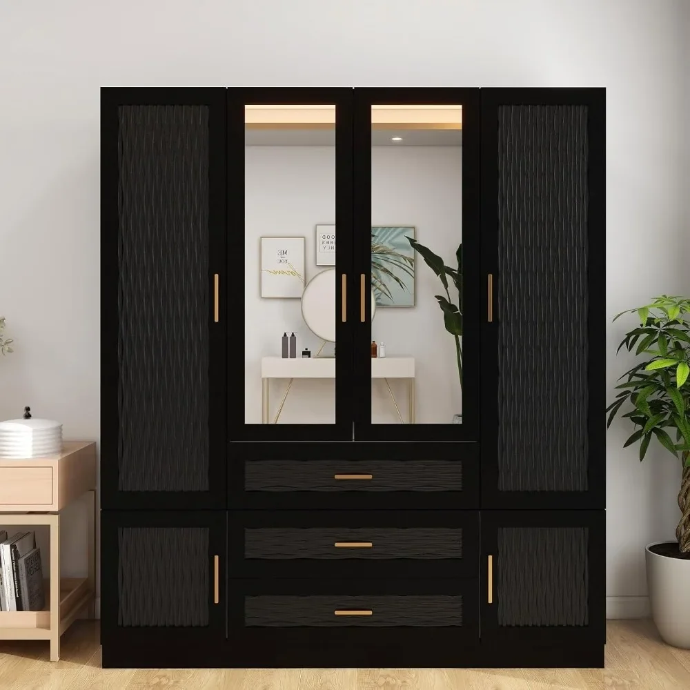 

Armoire Wardrobe Closet with 2 Mirrors, 4 Doors with Drawers, Bedroom Armoire Wardrobe Closet with Hanging Rod