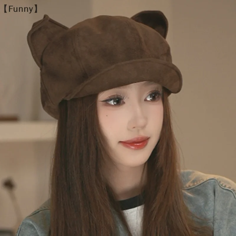 DapatFunny OrganiKorean rétro oreille de chat béret octogonal pour les femmes automne et hiver brossé et chaud