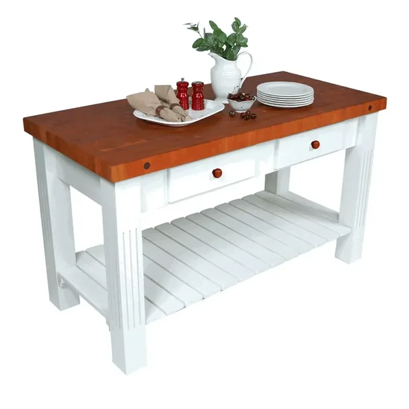 Solid Wood End Grain Butcher Block Kitchen Cart with Storage Rack for Vegetable Fruit Cutting Board Table Mobile Island Stand