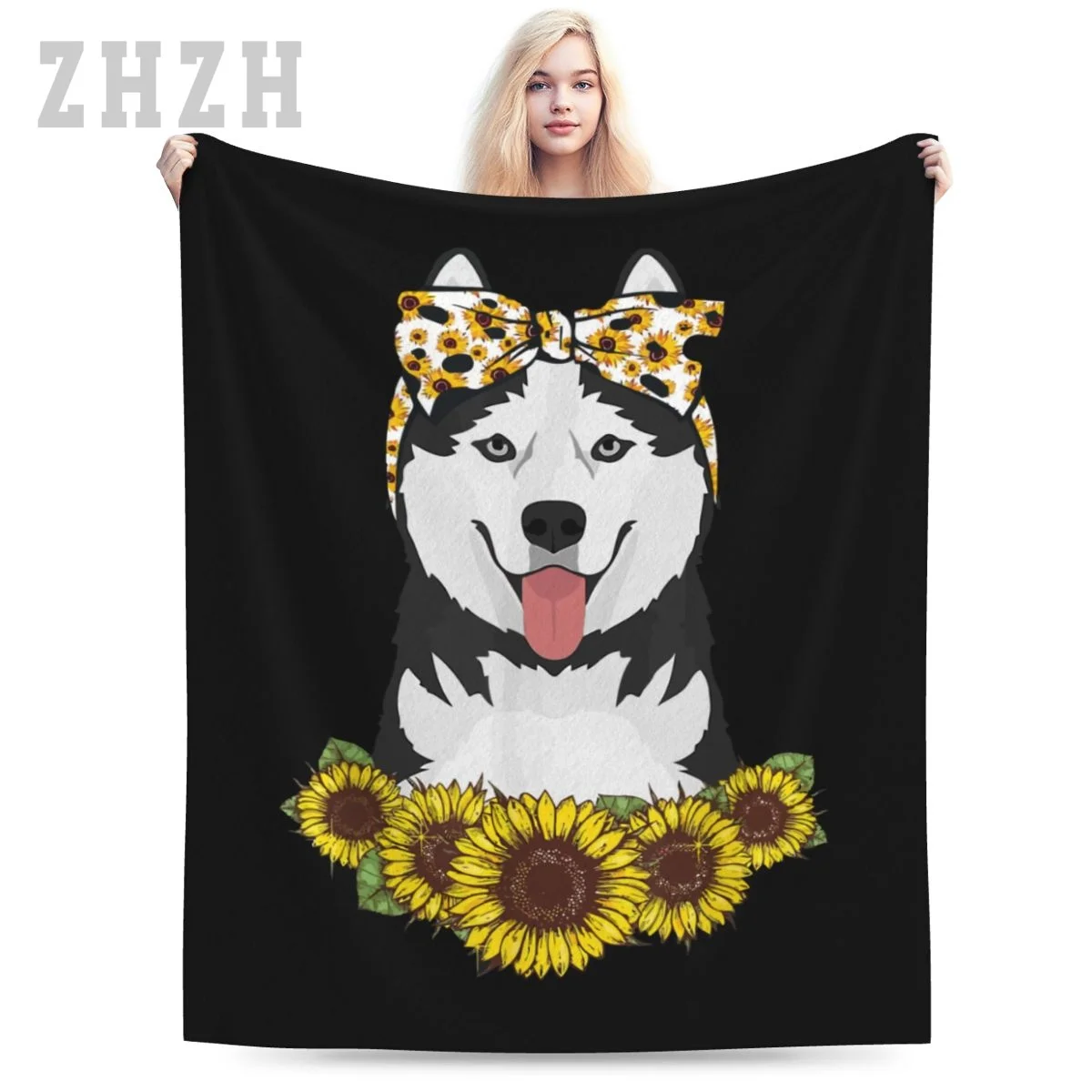 Blanket Girls Women Mom Siberian Husky Dog Sunflower Puppy Lover Flannel Multifunction Camping Sofa Cover Keep Warm