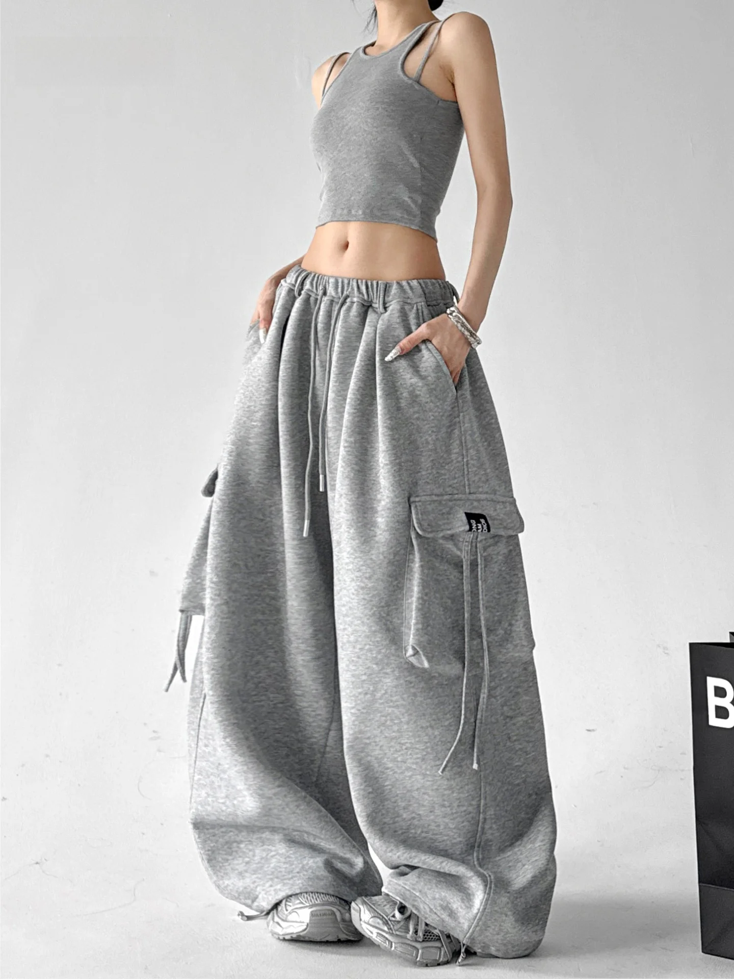 Gray Workwear Pants Women's Wide Leg Pocket Pants Casual Slimming Spring Summer New Style Multi-Pocket Sweatpants